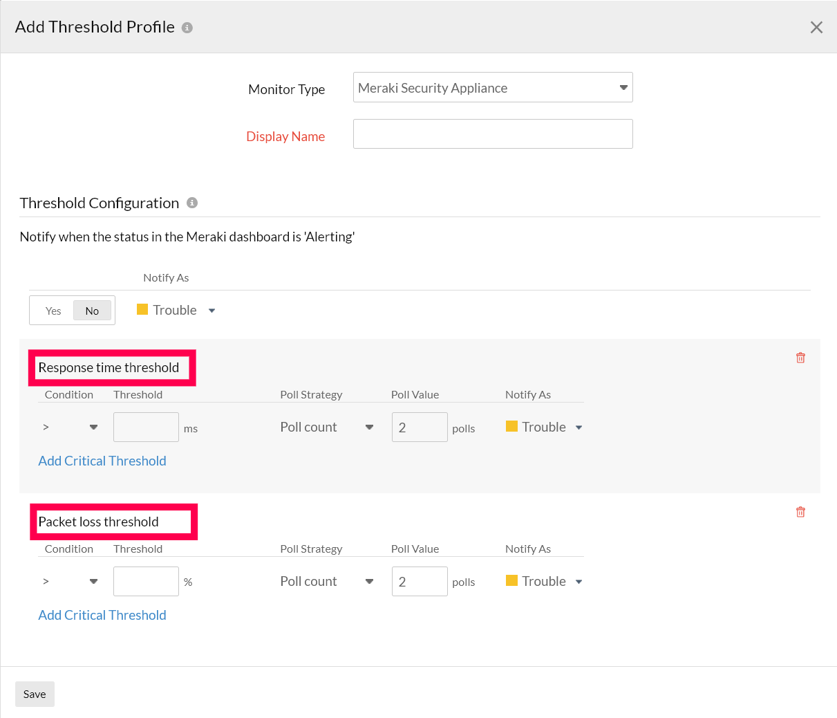 Meraki Security Devices Add Threshold Profile Pop-up