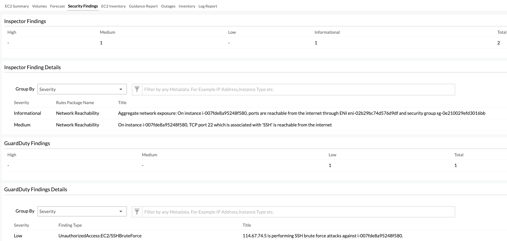 Inspector and GuardDuty findings for EC2