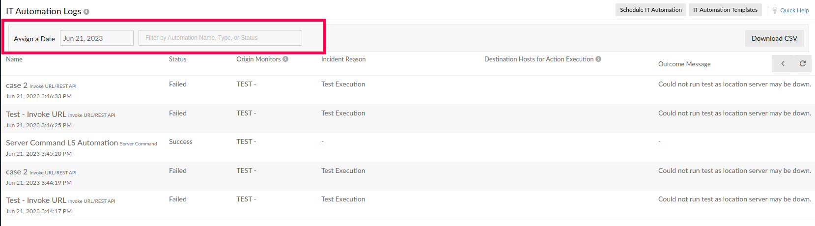 IT Automation logs page