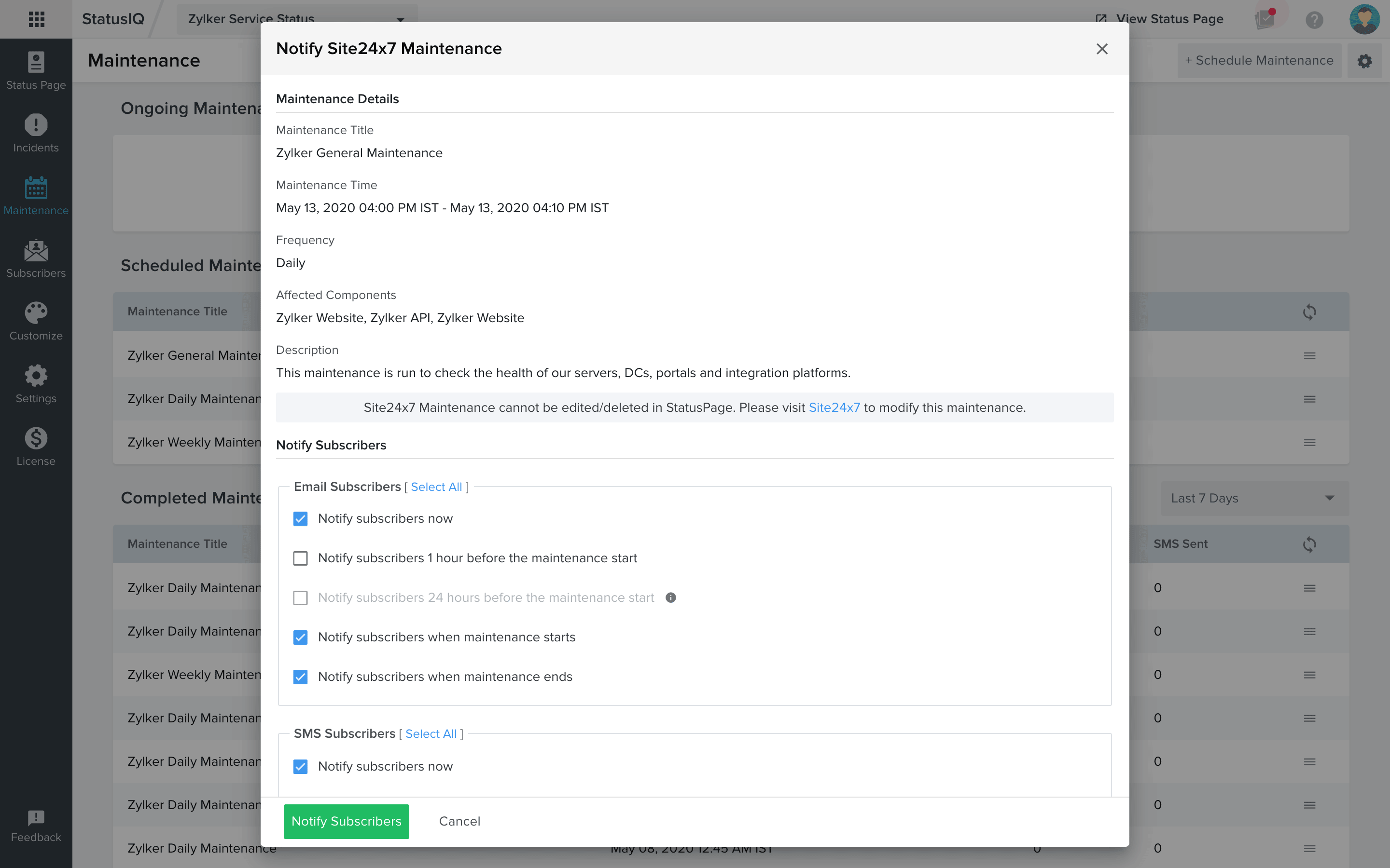 Notify your subscribers about upcoming maintenance in Site24x7